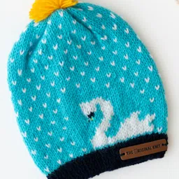 The Original Knit Knit Swan Designed Pom Pom Embellished Cap - Light Blue & Navy Blue - Diameter - 30 Cm-picture-3