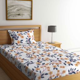 Aura White & Blue Floral 300 TC Single Bedsheet with 1 Pillow Covers 2.25 m x 1.50 m-image-100