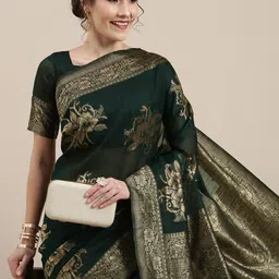 Saree mall Green Floral Linen Blend Banarasi Saree-52