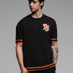 Jack & Jones Jet Black Cotton Drop Shoulder/Boxy Fit Tape Detail T-Shirts-image-66