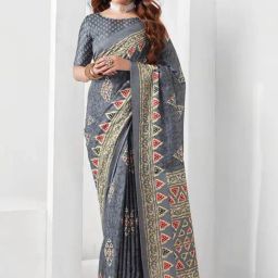Satrani Grey Geometric Print Saree With Unstitched Blouse-picture-17