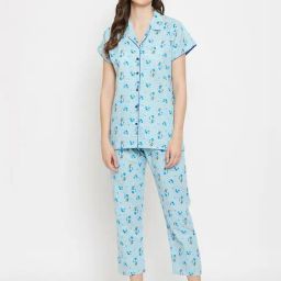 Clovia Blue Printed Shirt With Culottes-image-58