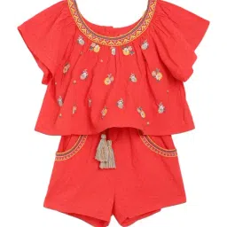 Blue Giraffe Kids Red Embroidered Jumpsuit-image-15