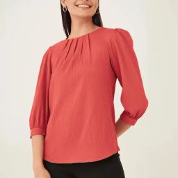 SALT Attire Peach Granada Plisse Pleated Neckline Top-image-4