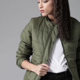Roadster Women Olive Green Solid Padded Jacket-54