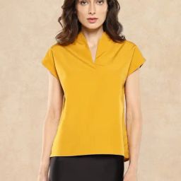 RAREISM Yellow Cotton Solid Short Sleeves Top-image-52
