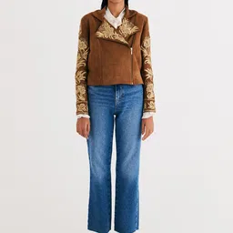 BETRUE Women Polycotton Longline Biker Jacket with Embroidered-image-44