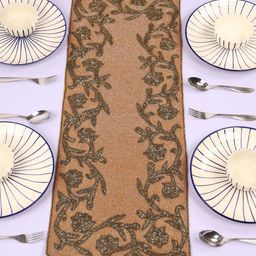 YWULY Brown & Peach Coloured Embroidered Beaded Dining TableRunner-20
