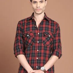 Indian Needle Maroon Cotton Regular Fit Checks Shirt-image-43