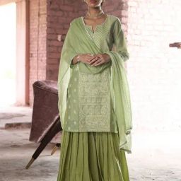 Karaj Jaipur Green Falak 2 Zara Kurta with Sharara and Sequined Kota Doriya Dupatta-image-25
