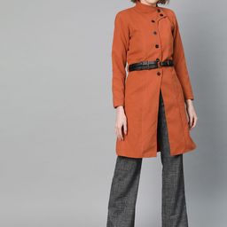 Athena Women Rust Orange Solid Overcoat-picture-31