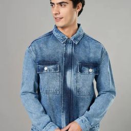 People By Pantaloons Blue Cotton Boxy Fit Printed Denim Jacket-picture-31