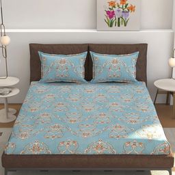 CLIO'S HERITAGE STORE Turquoise Blue & Brown Striped 210 TC Queen Bedsheet with 2 Pillow Covers-image-67
