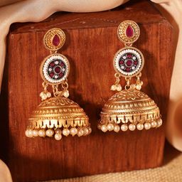 Priyaasi Gold Plated Kundan Studded Dome Shaped Jhumkas Earrings-67