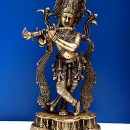Exotic India Gold-Toned & Black Lord Murli Krishna Brass Idol Showpiece-3