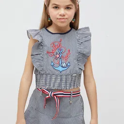One Friday Girls Striped Ruffled Smocked Applique Detail Pure Cotton Crop Top-picture-55