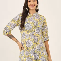BAESD Floral Print Mandarin Collar Roll-Up Sleeves Ethnic Cotton Top-image-94
