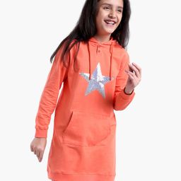 Pine Kids Full Sleeves Long Length Hooded Biowashed Sweatshirt Star Print- Orange-image-4