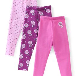 Babyhug Cotton Lycra Full Length Leggings Polka Dots & Floral Printed Pack of 3 - Pink & Purple-image-33