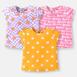 Babyhug Cotton Knit Half Sleeves T-Shirts Text  Graphics Pack of 3- Pink Purple & Yellow-picture-26