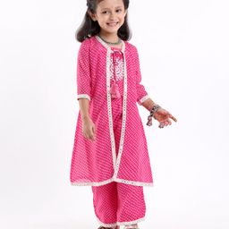 Babyhug Half Sleeves Embroidered Jacket with Bandhani Printed Top and Palazzo  Set - Fuchsia-image-74