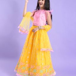 Pine Kids Woven Half Sleeves Lehenga Choli Set Embroidered - Yellow & Pink-picture-19