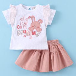 ToffyHouse 100% Cotton Knit Half Sleeves Top & Woven Corduroy Skirt Set With Teddy Embroidery - Pink & White-picture-1
