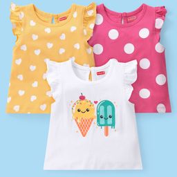 Babyhug Cotton Knit Frill Sleeves Top with Polka Dot Graphics Pack of 3 - Multicolour-image-63