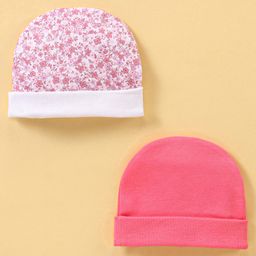 Ben Benny Cotton Knit Caps Solid & Floral Print Pack of 2 Pink & White- Diameter 9 cm-image-82