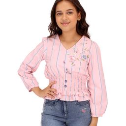 Cutecumber Full Sleeves Striped & Floral Printed Top - Peach-image-80