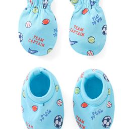 Babyhug 100% Cotton Mittens & Booties Sports Print - Blue-picture-12
