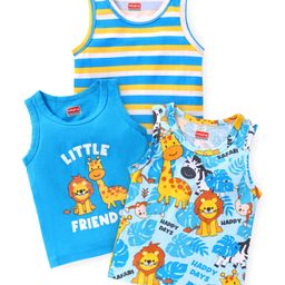 Babyhug 100% Cotton Knit Sleeveless Sando Stripes & Jungle Safari Theme Pack of 3 - Blue Yellow & White-image-81