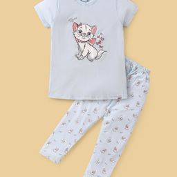 Teddy Sinker Knit Half Sleeves Night Suit With Kitty Print - Blue-picture-19