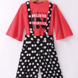 Enfance Synthetic Polka Dots & Text Printed Dungaree With Full Sleeves Tee - Red-image-24