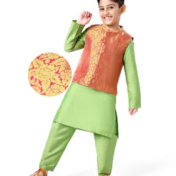 Earthy Touch Woven Full Sleeves  Kurta Pyjama Set With Brocade Jacket - Green & Pink-picture-45