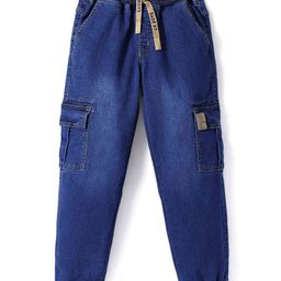 Little Kangaroos 100% Cotton Woven Full Length Denim Jeans with Cargo Pockets Solid Colour -Dark Blue-image-87