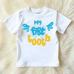 KNITROOT Half Sleeves My First Tooth Text Printed Tee - White-picture-14