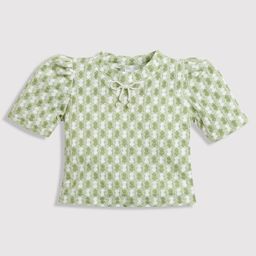 Tiny Girl Half Puffed Sleeves Abstract Embroidered Bow Embellished Top - Green-image-87