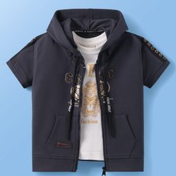 Dapper Dudes Half Sleeves CMC Text Patch Embroidered Hooded Jacket With Inner Tee - Dark Grey-image-98