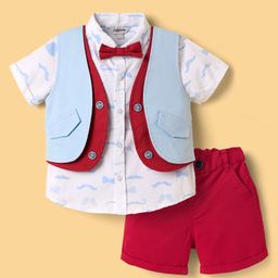 ToffyHouse Poplin Knit Half Sleeves 3 Piece Party Suit with Moustache Print - Red & White-image-6