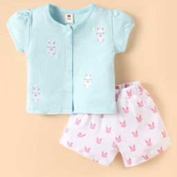 ToffyHouse knitted Half Sleeves Front Open Top & Shorts Set with Bear Print & Embroidery - Aqua Blue & White-image-45