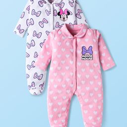 Babyhug Disney Interlock Knit Full Sleeves Minnie Mouse Graphics And Peter Pan Collar Sleep Suits Pack Of 2 - Pink & White-image-28