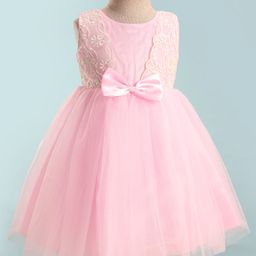 Babyhug Woven Sleeveless Fit & Flare Mesh Party Dress with Lace on Yoke & Bow Applique - Light Pink-image-65