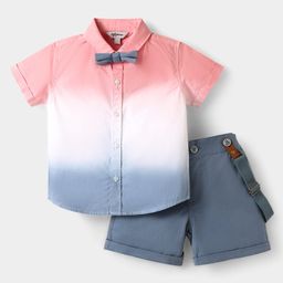 ToffyHouse 100% Woven Cotton Poplin Half Sleeves Ombre Dyed Shirt & Twill Woven Shorts Set With Bow & Suspender - Ash Grey & Pink-image-48