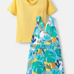 Babyhug Single Jersey Knit Dungaree & Half Sleeves T-Shirt With Leaf Print - Light Blue & Yellow-image-79