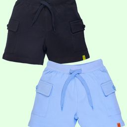 Kiddopanti Cotton Pack Of 2 Solid Cargo Shorts - Black & Light Blue-image-101