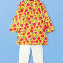 Pine Kids Cotton Woven Mandarin Collar Full Sleeves Kurta Pajama Set With Floral Print - Mustard-picture-25