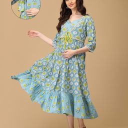 The Mom Store Cotton Three Fourth Sleeves Floral Printed Layered Maternity Dress With Nursing Access - Blue-image-21
