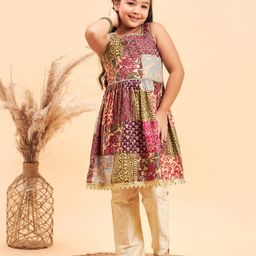 StyloBug Cotton Woven Sleeveless Floral Printed & Gota Lace Embellished Kurta & Pant Set - Purple & Pink-picture-9