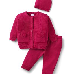 Babyhug Knit Full Sleeves Front Open Sweater Set with Bow Applique Cable Knit Design & Pocket Detailing with Cap - Fuchsia-picture-46